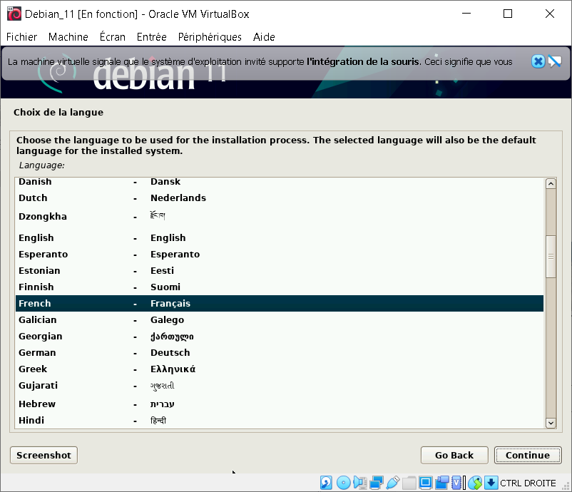 machine virtuelle de Debian en français