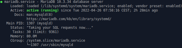 Installer MariaDB sur Debian 11 - Status du service MariaDB