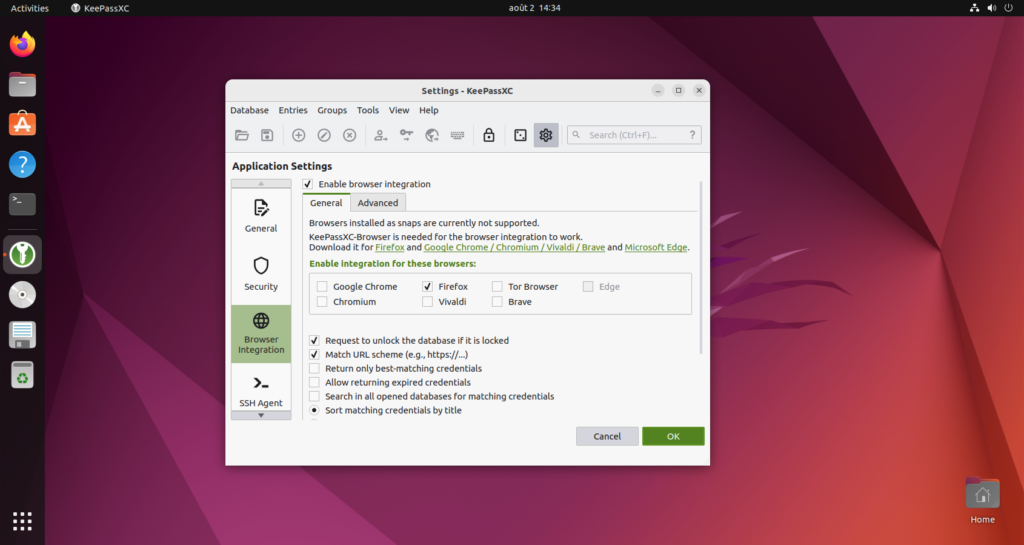 Installer KeepassXC sur Ubuntu - Autoriser navigateur